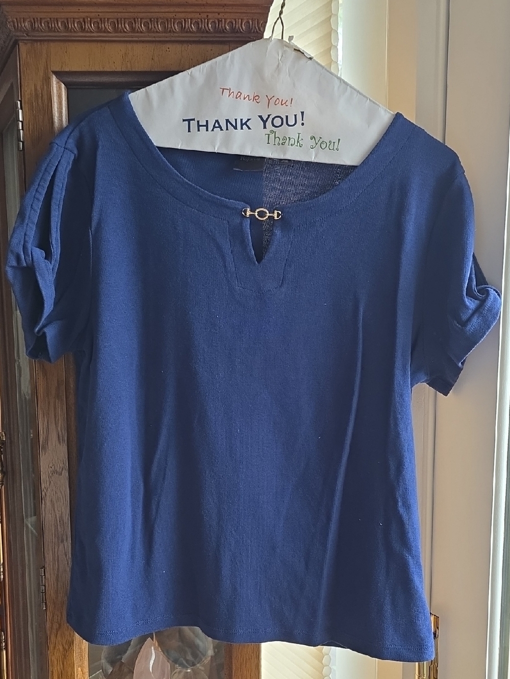 Women's Navy Short-Sleeve Knit Top with Decorative Accent